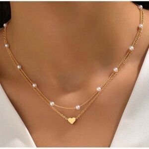 Gold Faux Pearl Heart Layered Necklace delicate dainty minimalist